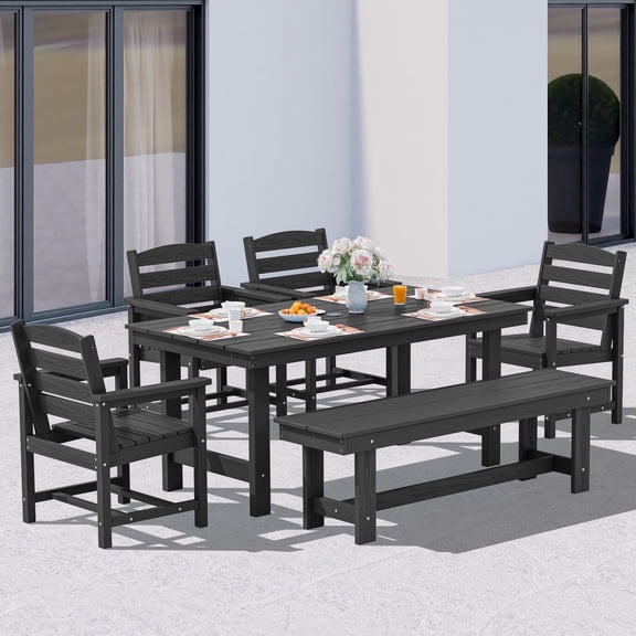 SERWALL Outdoor Dining Sets for 6, 6-Piece Patio Dining Set with 1 Rectangular table, 4 HDPE Dining Chairs & 1 Dining Bench, Black