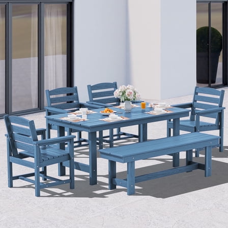 SERWALL Outdoor Dining Sets for 6, 6-Piece Patio Dining Set with 1 Rectangular table, 4 HDPE Dining Chairs & 1 Dining Bench, Blue
