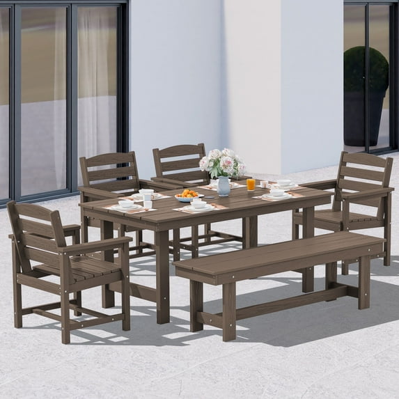 SERWALL Outdoor Dining Sets for 6, 6-Piece Patio Dining Set with 1 Rectangular table, 4 HDPE Dining Chairs & 1 Dining Bench, Coffee