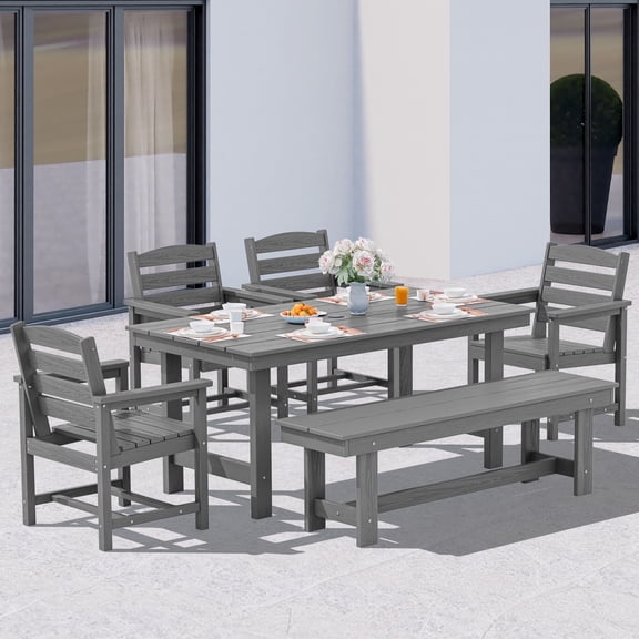 SERWALL Outdoor Dining Sets for 6, 6-Piece Patio Dining Set with 1 Rectangular table, 4 HDPE Dining Chairs & 1 Dining Bench, Gray