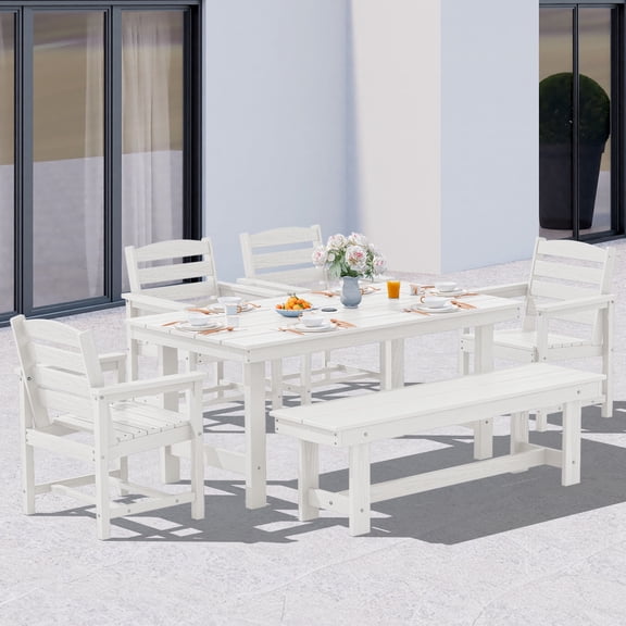 SERWALL Outdoor Dining Sets for 6, 6-Piece Patio Dining Set with 1 Rectangular table, 4 HDPE Dining Chairs & 1 Dining Bench, White