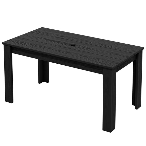 SERWALL Outdoor Dining Table, 59" Rectangle HDPE Dining Table with Umbrella Hole, Black