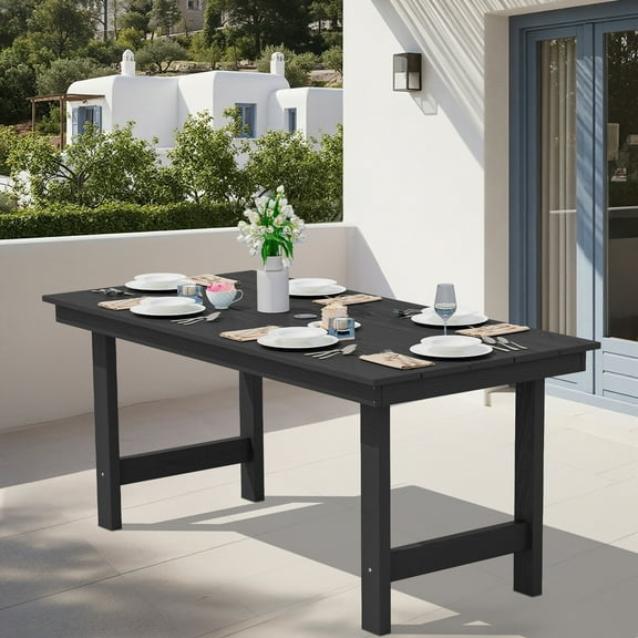 SERWALL Outdoor Dining Table, 67" Rectangle HDPE Dining Table with Umbrella Hole, Black