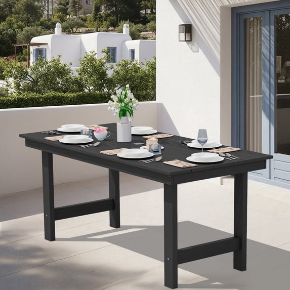 SERWALL Outdoor Dining Table, 67" Rectangle HDPE Dining Table with Umbrella Hole, Black