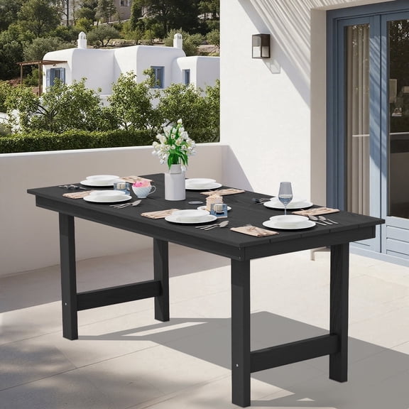 SERWALL Outdoor Dining Table, 67" Rectangle HDPE Dining Table with Umbrella Hole, Black