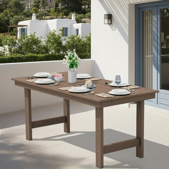 SERWALL Outdoor Dining Table, 67" Rectangle HDPE Dining Table with Umbrella Hole, Coffee