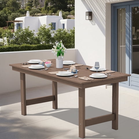 SERWALL Outdoor Dining Table, 67" Rectangle HDPE Dining Table with Umbrella Hole, Coffee