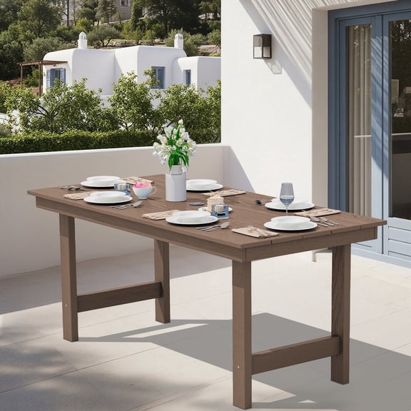 SERWALL Outdoor Dining Table, 67" Rectangle HDPE Dining Table with Umbrella Hole, Coffee