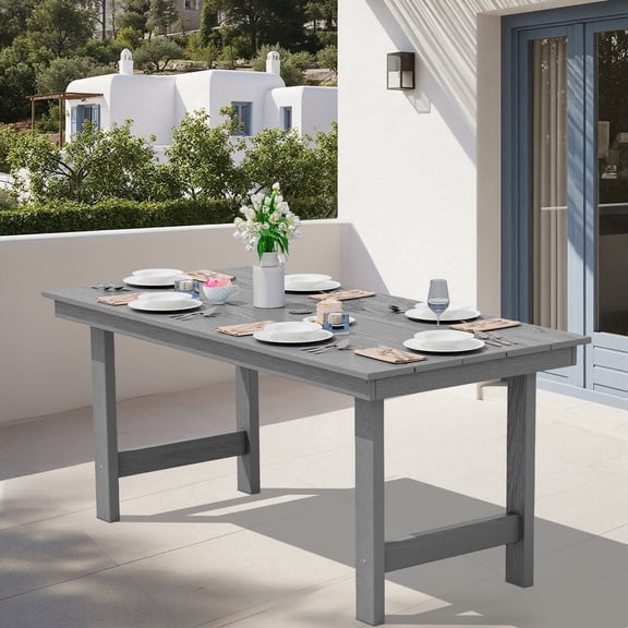 SERWALL Outdoor Dining Table, 67" Rectangle HDPE Dining Table with Umbrella Hole, Grey