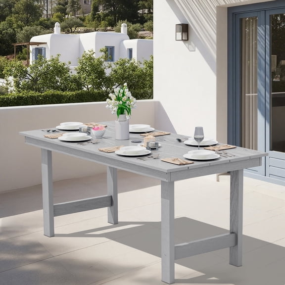 SERWALL Outdoor Dining Table, 67" Rectangle HDPE Dining Table with Umbrella Hole, Light Gray