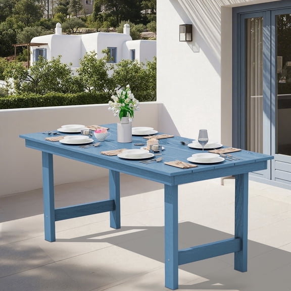 SERWALL Outdoor Dining Table, 67" Rectangle HDPE Dining Table with Umbrella Hole, Navy Blue