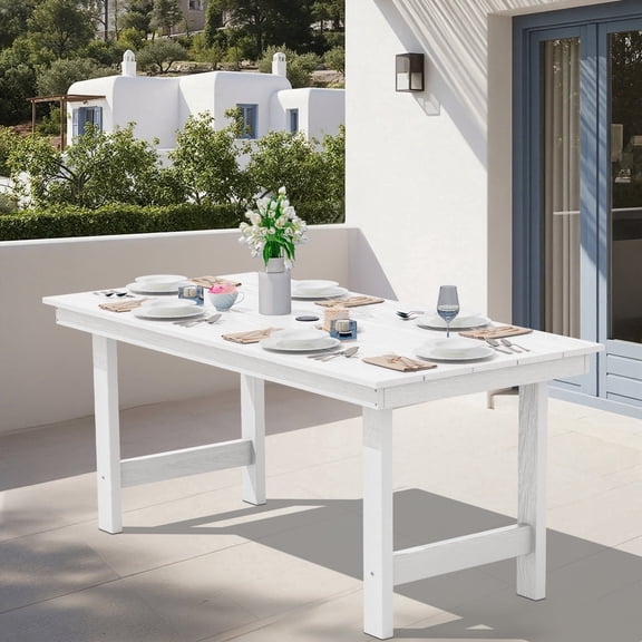 SERWALL Outdoor Dining Table, 67" Rectangle HDPE Dining Table with Umbrella Hole, White