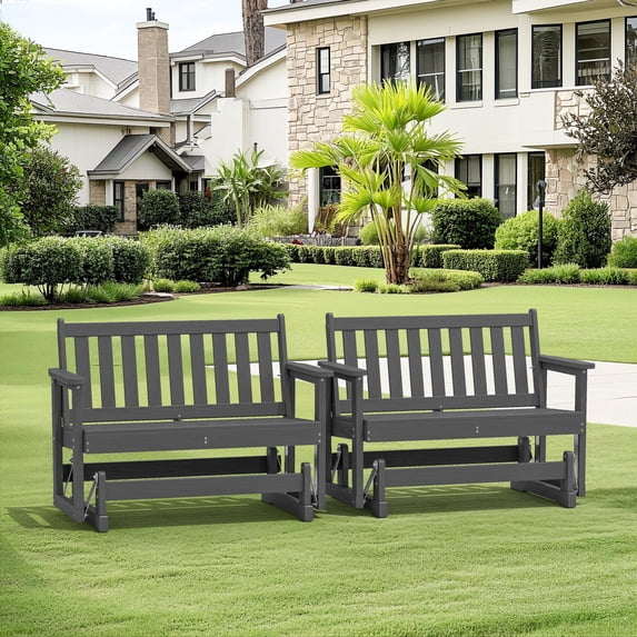 SERWALL Outdoor Glider Bench Set of 2, HDPE Material Weather-Resistant Rocking Chair Swings for Patio Porch Garden, Gray