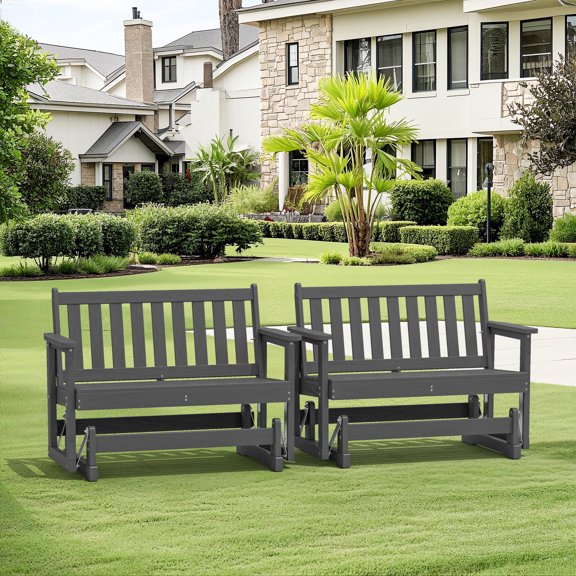 SERWALL Outdoor Glider Bench Set of 2, HDPE Material Weather-Resistant Rocking Chair Swings for Patio Porch Garden, Gray