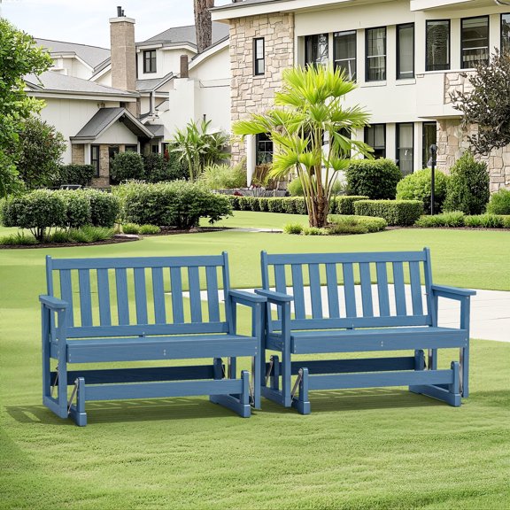 SERWALL Outdoor Glider Bench Set of 2, HDPE Material Weather-Resistant Rocking Chair Swings for Patio Porch Garden, Blue