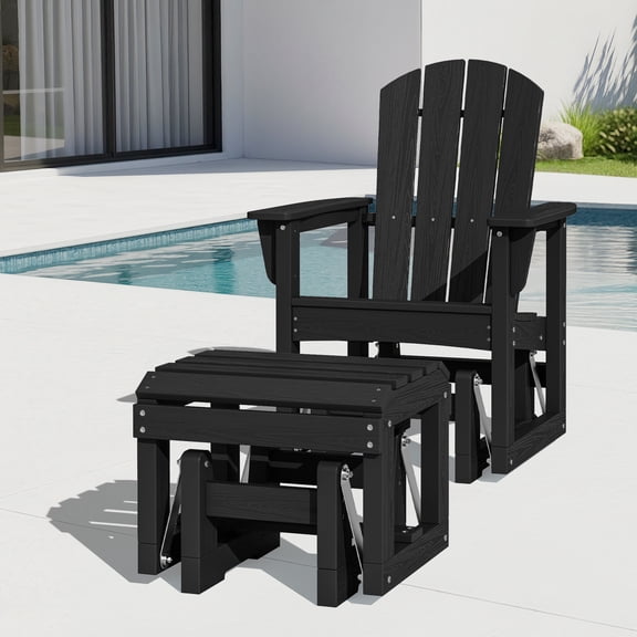SERWALL Outdoor Glider Chair with Ottoman, HDPE Wood-Like Patio Glider Rocker Set All-Weather Porch Glider Black