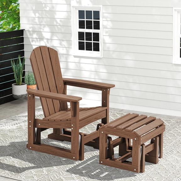 SERWALL Outdoor Glider Chair with Ottoman, HDPE Wood-Like Patio Glider Rocker Set All-Weather Porch Glider Brown