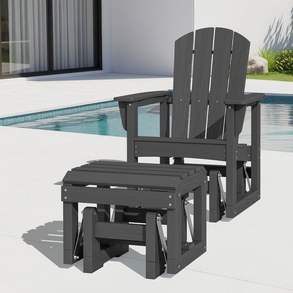 SERWALL Outdoor Glider Chair with Ottoman, HDPE Wood-Like Patio Glider Rocker Set All-Weather Porch Glider Gray