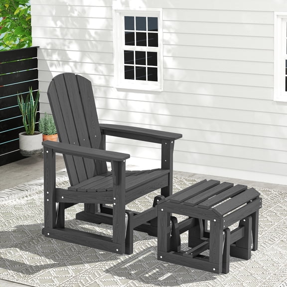 SERWALL Outdoor Glider Chair with Ottoman, HDPE Wood-Like Patio Glider Rocker Set All-Weather Porch Glider Gray