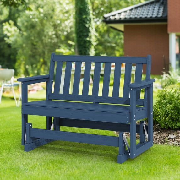 MEWAY Outdoor Glider Rocking Chair, HDPE All-Weather Resistant 2-Person Loveseat, Patio Glider with 660LBS Capacity for Backyard Garden Porch, Navy Blue