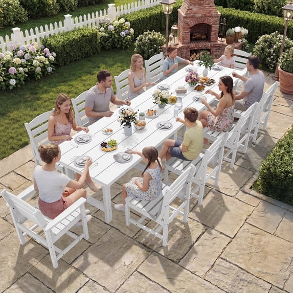 SERWALL Outdoor HDPE Dining Table Set, 12‑Piece Patio Dining Set with 2 Rectangular Tables, 8 Armless Chairs, 2 Armrest Chairs & Umbrella Hole, White