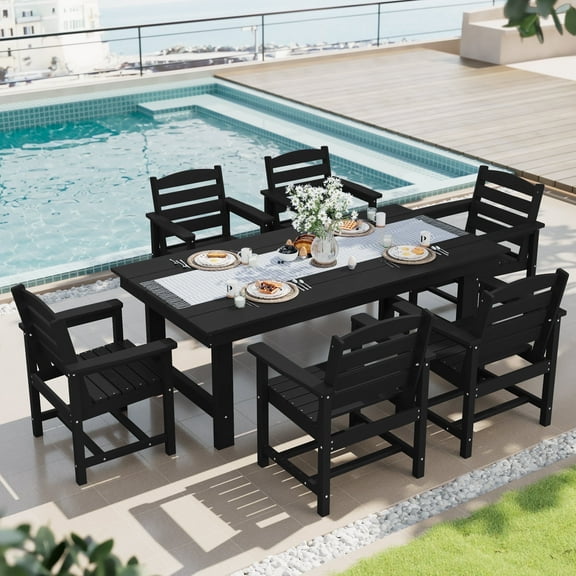 SERWALL Outdoor HDPE Dining Table Set, 7-Piece Outdoor Dining Table Sets with Umbrella Hole, Black