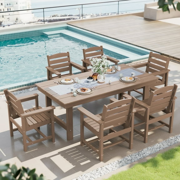 SERWALL Outdoor HDPE Dining Table Set, 7-Piece Outdoor Dining Table Sets with Umbrella Hole, Brown