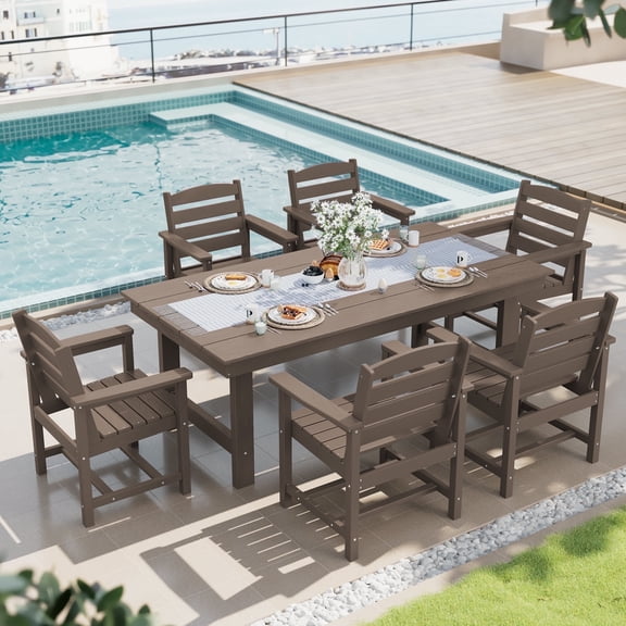 SERWALL Outdoor HDPE Dining Table Set, 7-Piece Outdoor Dining Table Sets with Umbrella Hole, Coffee