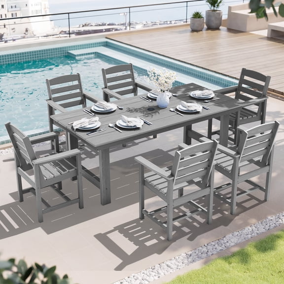 SERWALL Outdoor HDPE Dining Table Set, 7-Piece Outdoor Dining Table Sets with Umbrella Hole, Grey