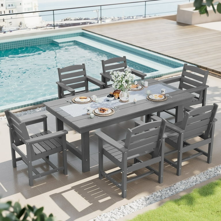 SERWALL Outdoor HDPE Dining Table Set, 7-Piece Weatherproof Patio
