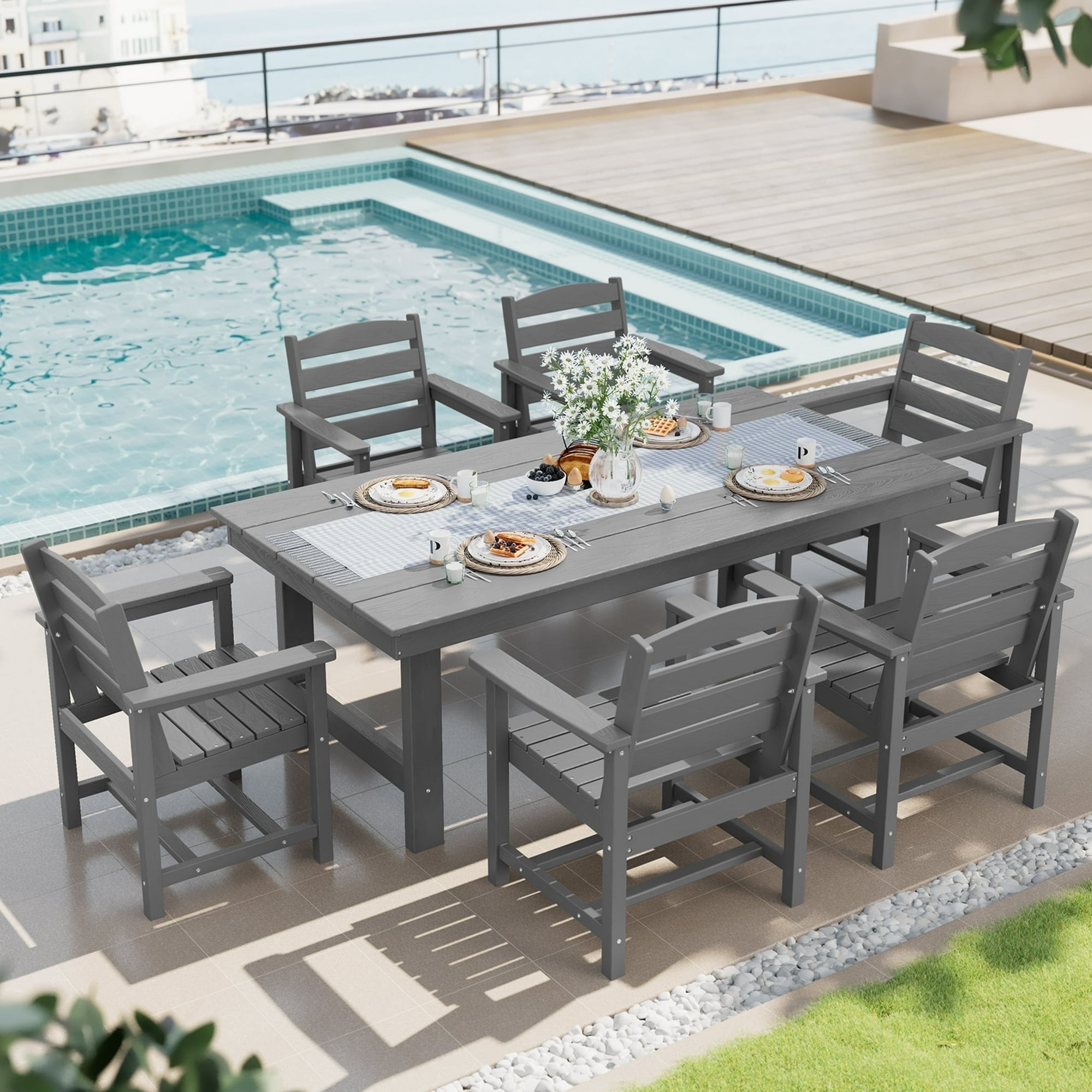 SERWALL 7-Piece Patio Dining Table Sets with Umbrella Hole