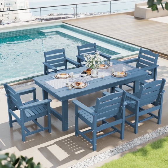 SERWALL Outdoor HDPE Dining Table Set, 7-Piece Outdoor Dining Table Sets with Umbrella Hole, Navy Blue