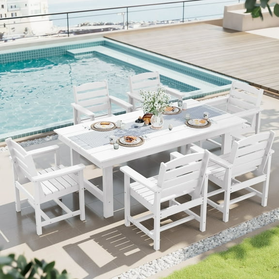 SERWALL Outdoor HDPE Dining Table Set, 7-Piece Outdoor Dining Table Sets with Umbrella Hole, White