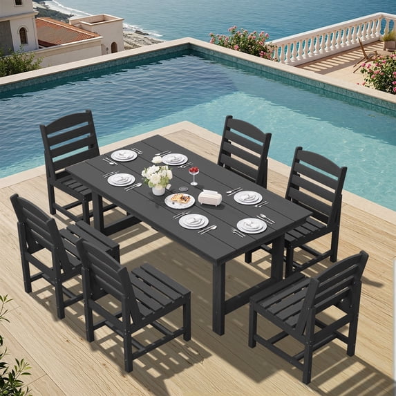 SERWALL Outdoor HDPE Dining Table Set, 7‑Piece Patio Dining Set with 6 Armless Chairs & Umbrella Hole, Black