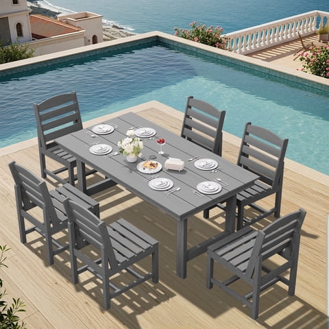 SERWALL Outdoor HDPE Dining Table Set, 7‑Piece Patio Dining Set with 6 Armless Chairs & Umbrella Hole, Gray