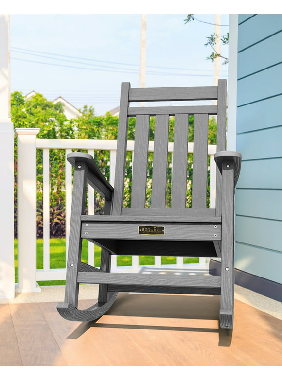 SERWALL Outdoor Oversized Slat Rocking Chair, HDPE Plastic Porch Rocker, Gray