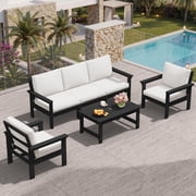 SERWALL Outdoor Patio Furniture Set, 6-Piece HDPE Outdoor Sofa Set Patio Conversation Set, Black Frame with Beige Cushions
