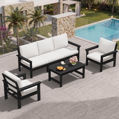 SERWALL Outdoor Patio Furniture Set, 6-Piece HDPE Outdoor Sofa Set Patio Conversation Set, Black Frame with Beige Cushions
