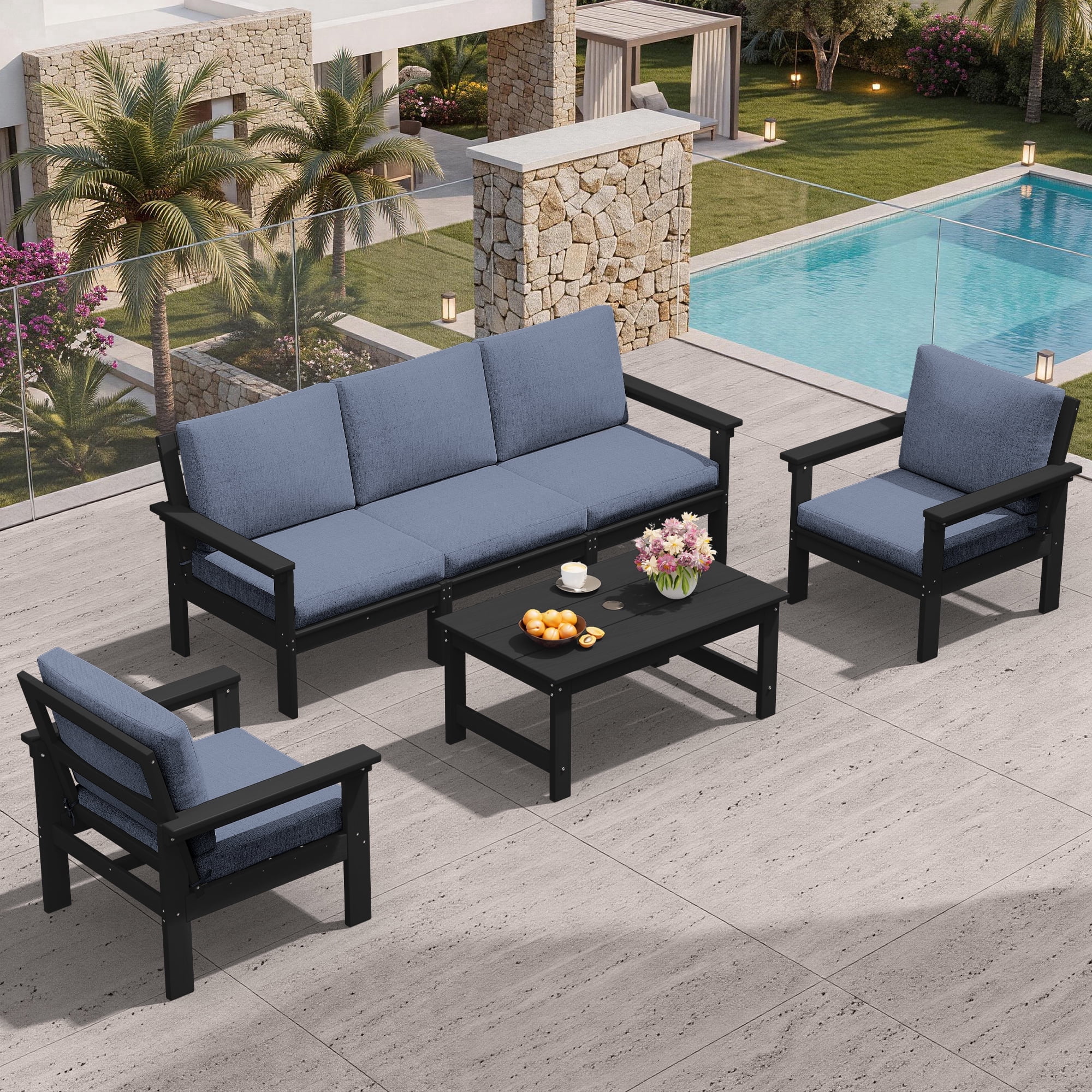 SERWALL Outdoor Patio Furniture Set, 6-Piece HDPE Outdoor Sofa Set Patio Conversation Set, Black Frame with Grey Cushions