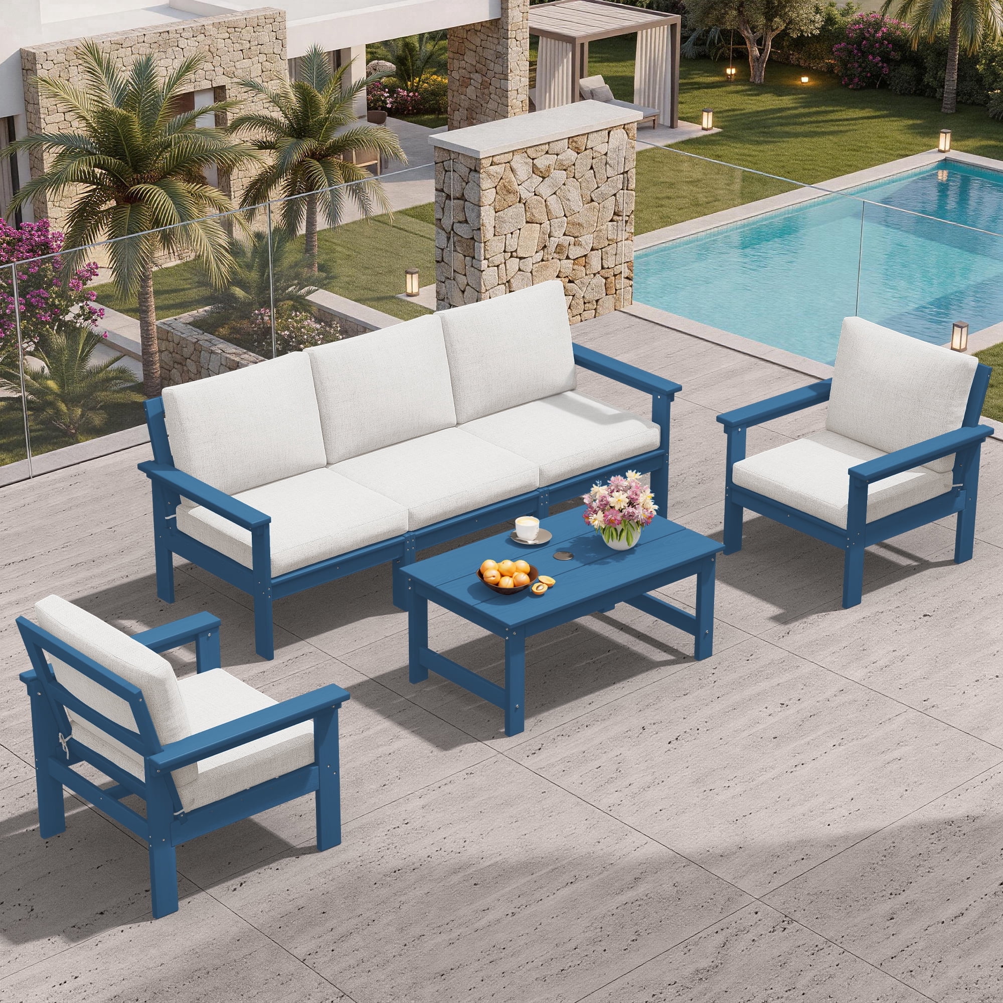 SERWALL Outdoor Patio Furniture Set, 6-Piece HDPE Outdoor Sofa Set Patio Conversation Set, Blue Frame with Beige Cushions