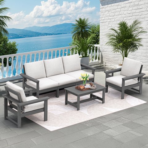 SERWALL Outdoor Patio Furniture Set, 6-Piece HDPE Outdoor Sofa Set Patio Conversation Set, Grey Frame with Beige Cushions
