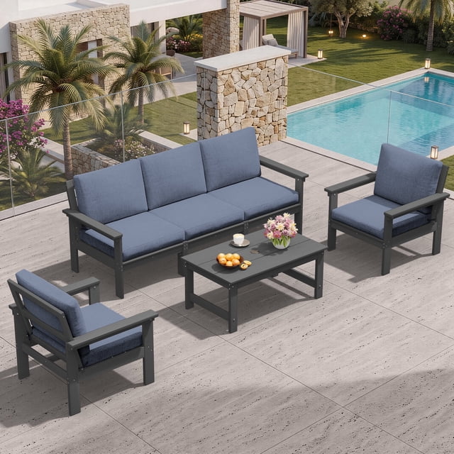 SERWALL Outdoor Patio Furniture Set, 6-Piece HDPE Outdoor Sofa Set Patio Conversation Set, Grey Frame with Grey Cushions