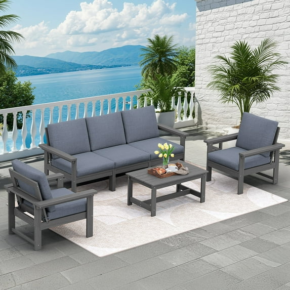SERWALL Outdoor Patio Furniture Set, 6-Piece HDPE Outdoor Sofa Set Patio Conversation Set, Grey Frame with Grey Cushions