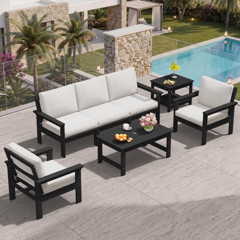SERWALL Outdoor Patio Furniture Set, 7-Piece HDPE Outdoor Sofa Set Patio Conversation Set, Black Frame with Beige Cushions
