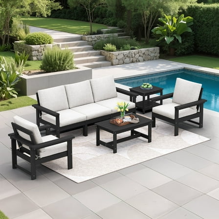 SERWALL Outdoor Patio Furniture Set, 7-Piece HDPE Outdoor Sofa Set Patio Conversation Set, Black Frame with Beige Cushions