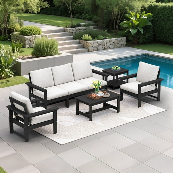 SERWALL Outdoor Patio Furniture Set, 7-Piece HDPE Outdoor Sofa Set Patio Conversation Set, Black Frame with Beige Cushions