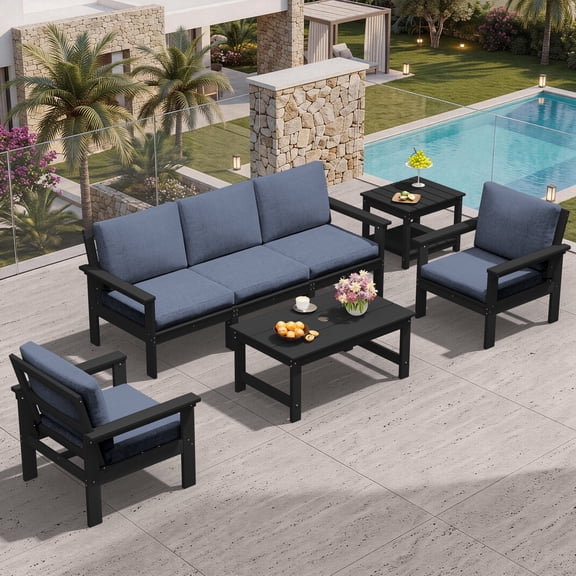 SERWALL Outdoor Patio Furniture Set, 7-Piece HDPE Outdoor Sofa Set Patio Conversation Set, Black Frame with Grey Cushions