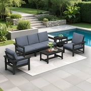 SERWALL Outdoor Patio Furniture Set, 6-Piece HDPE Outdoor Sofa Set Patio Conversation Set, Black Frame with Grey Cushions