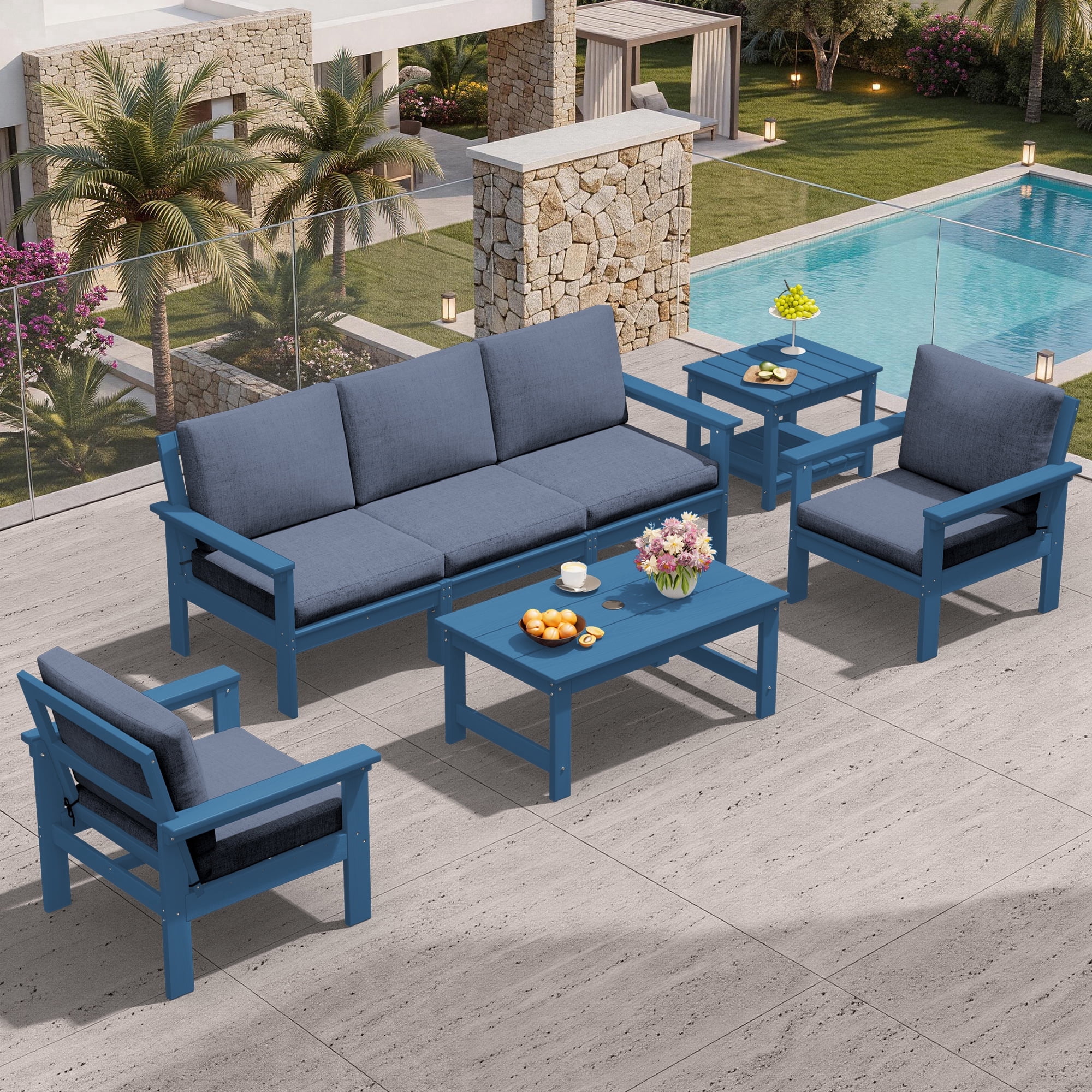 SERWALL Outdoor Patio Furniture Set, 7-Piece HDPE Outdoor Sofa Set Patio Conversation Set, Blue Frame with Grey Cushions