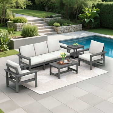 SERWALL Outdoor Patio Furniture Set, 7-Piece HDPE Outdoor Sofa Set Patio Conversation Set, Grey Frame with Beige Cushions
